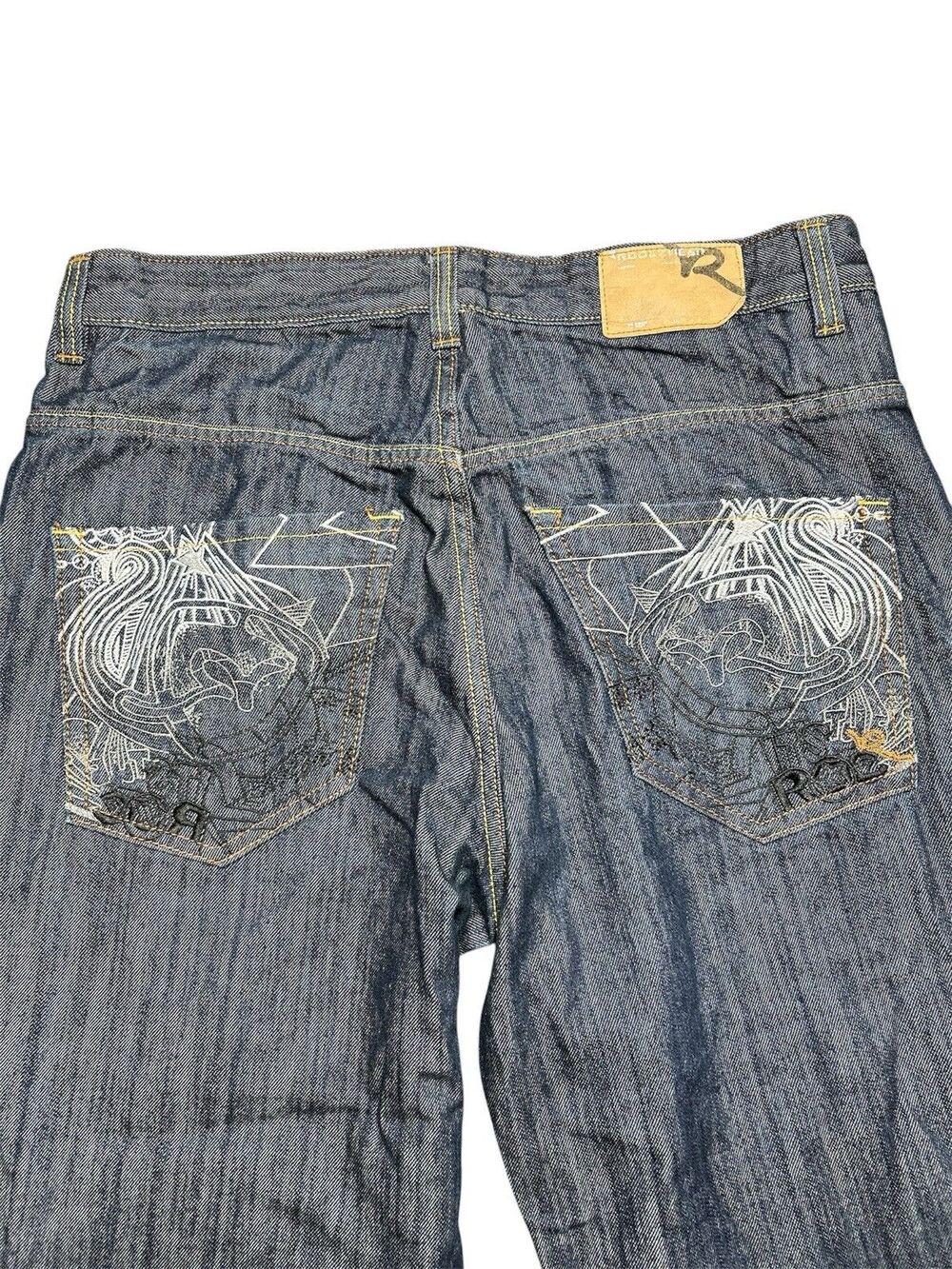 Men’s Rocawear Jeans Dark Wash Wide Leg Embroidered 36x33 Grunge VTG Y2K Baggy